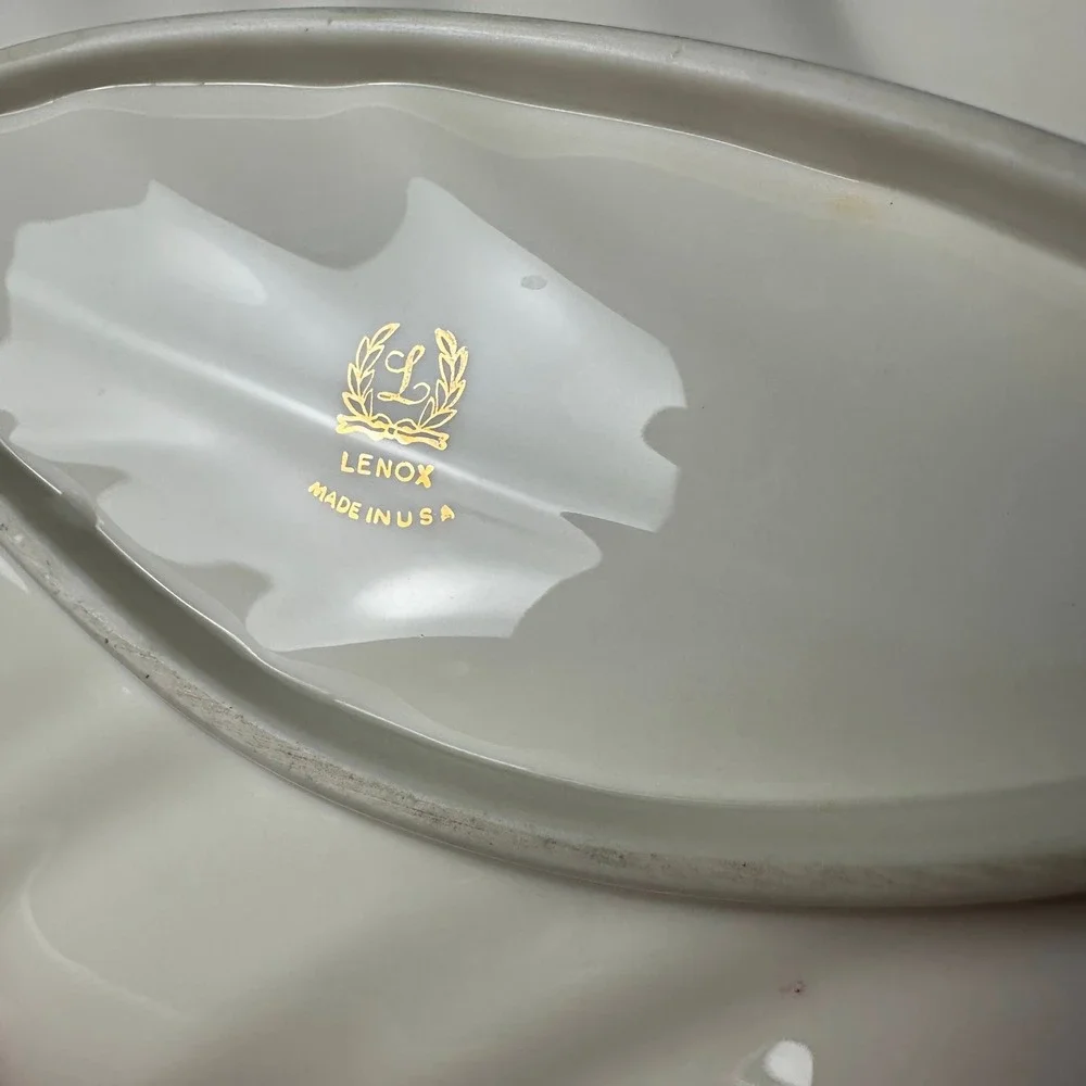 Vintage Lenox Ivory Porcelain Leaf Serving Tray Gold Trim Made in USA